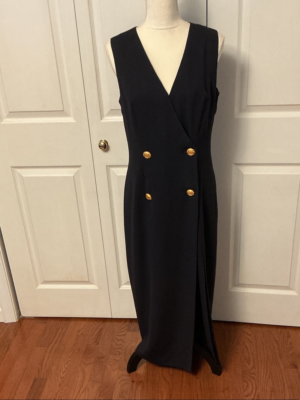 Maggy London Black Sleeveless Maxi Dress with Gold Buttons